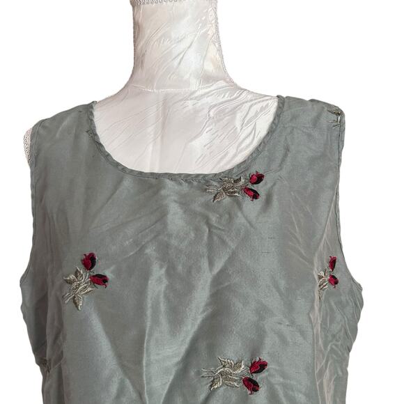 Vintage Sage Red Rose Embroidery Silk Shirt Womens Sz Medium Fall Fairy Feminine - Picture 5 of 16